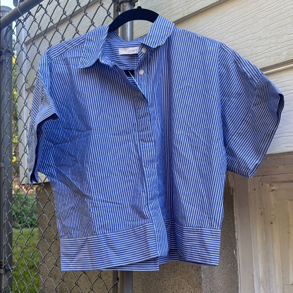 LOFT Navy and White Striped Button Down Shirt